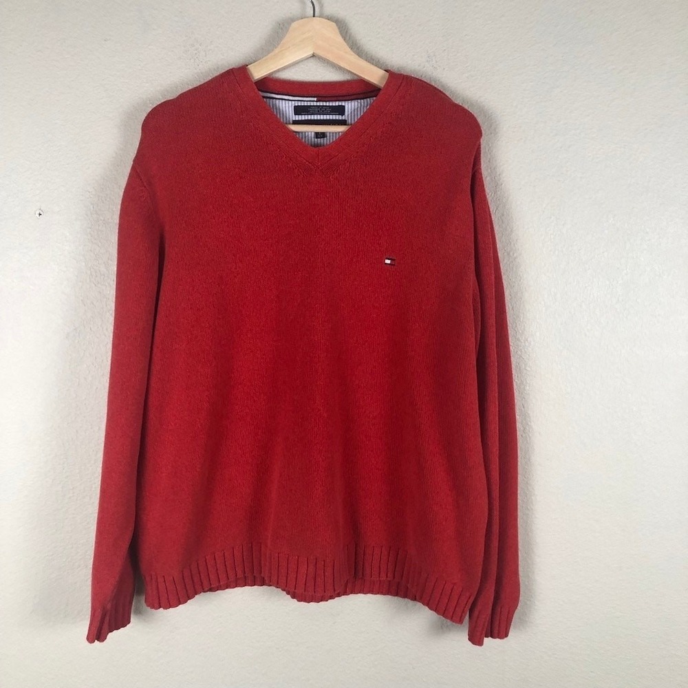 Tommy Hilfiger 100% Cotton Sweater Men L Red VNeck Classic Preppy Golf Ivy Style